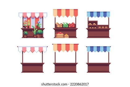 Juego de imágenes de píxeles de la parada de venta. Recogida en el mercado local al aire libre. Tienda callejera, feria de granjeros. Sprite de 8 bits. Desarrollo de juegos, aplicación móvil.  Ilustración vectorial aislada.