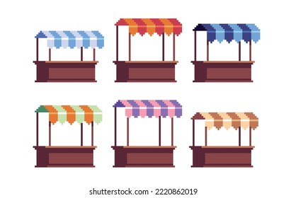 Trading stall pixel art set. Outdoor local market collection. Street store, farmer's fair. 8 bit sprite. Game development, mobile app.  Isolated vector illustration.