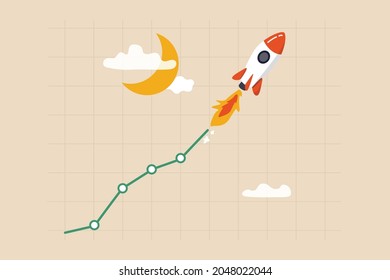 Trading stock or crypto price rising high to the moon, crypto currency value soaring sky rocket, get rich or make profit investment, rocket stock or crypto currency graph flying high to the moon. svg