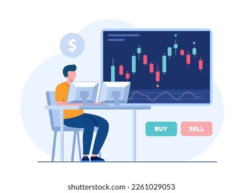 Trading stock, forex, bitcoin, currency, candlestick analyst, analysis concept, commodities, flat vector illustration for banner premium vector