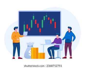 Trading stock, forex, bitcoin, currency, candlestick analyst, analysis concept, commodities, flat vector illustration for banner premium vector