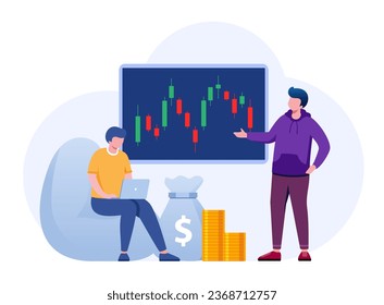 Material de comercio, forex, bitcoin, moneda, analista de candlestick, concepto de análisis, productos básicos, ilustración vectorial plana para vector de banner