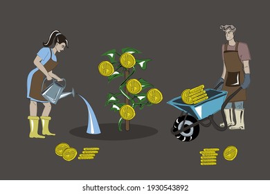 Trading, stock trading, forex market, short, long, bank deposits, bitcoins, cryptocurrency. The girl and the guy are investing and making money. Plant with coins. Isolated vector images.