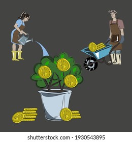 Trading, stock trading, forex market, short, long, bank deposits, bitcoins, cryptocurrency. The girl and the guy are investing and making money. Plant with coins. Isolated vector images.