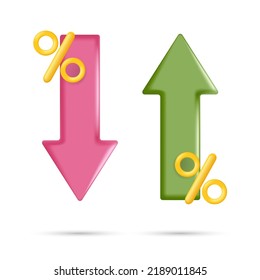 Trading stock market arrows with percent interest set. Red and green sell to buy curve 3d arrow of trend. Vector illustration