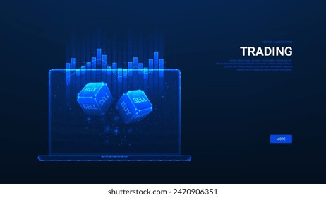 Trading in Stock Market concept. Laptop with dices and chart. Digital Trading, Stock Market or Investment Concept. Low poly wireframe vector illustration.
