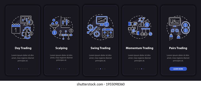 Trading styles onboarding mobile app page screen with concepts. Intraday, swing trade walkthrough 5 steps graphic instructions. UI, UX, GUI vector template with linear night mode illustrations