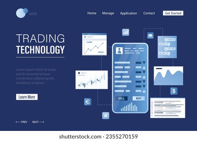 Trading technology landing page template. Online stock market investment. Analysis of financial data, currency trading. Forex market. Modern cellphone with finance applications. Vector illustration