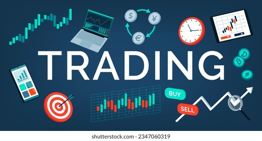 Texto comercial rodeado de artículos financieros: concepto de mercado de valores y mercado de valores