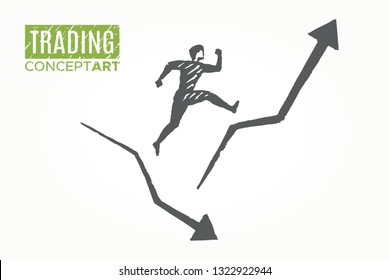 Trading. Vector concept Art sketch. The trader jumps from arrow on arrow.
