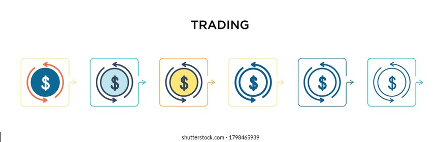 Trading vector icon in 6 different modern styles. Black, two colored trading icons designed in filled, outline, line and stroke style. Vector illustration can be used for web, mobile, ui