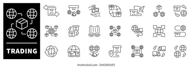 Trading Vektor Icons Collection. Dünnzeilige Symbole für Exporte und Importe. Internationale Trading-Vektorsymbole im Linienstil