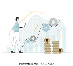 Trading is way to make money. Girl with laptop is working, analysing. Equipment is working, profits are up