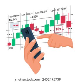 Tradings concept. Successful businessman trades on the stock exchange through an application on a smartphone. Financial trading graph. Vector illustration isometric design. 