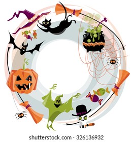 Tradional halloween wreath. Halloween elements. Broom, cauldron, cat, hat, bat, candy, ghost, spider, pumpkin, skull. Vector illustration