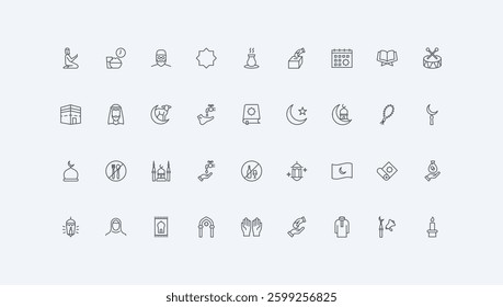 Tradition of ablution, zakat and charity, Hajj thin black outline symbols vector illustration. Islam religion and culture, mosque and religious prayers, holiday and fasting line icon set