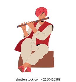 Tradition, Art, Culture and Music of India Concept. Indian Street Musician Character Playing Traditional Folk Music on National Instrument Bansuri or Shehnai Flute. Cartoon People Vector Illustration