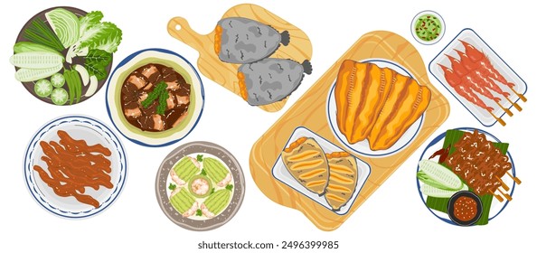 tradition, banner, unique, design element, top view, vintage, fried, kitchen, fish, fried fish, fried fish fillet, fresh, health, spicy food, cartoon, isolated, cook, asia, dinner, meat, herb, thailan