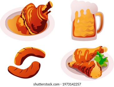 tradition bavarian food .pork knuckle,beer,sausages and chicken legs.vector illustration for oktoberfest