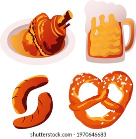  tradition bavarian food. vector illustration with  pork knuckle,beer,sausages,pretzel for oktoberfest