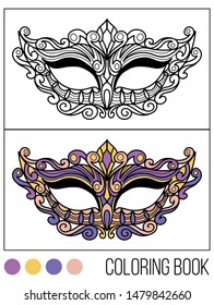 Tradition with carnival mask accessory with coloring book.Decoration festive elegant party design. Beautiful vector illustration.