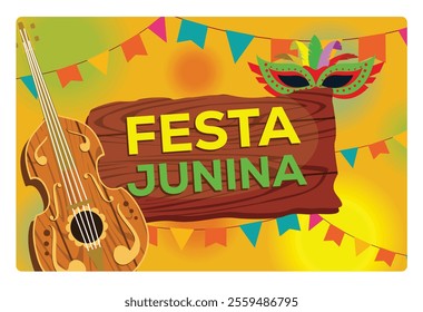 The tradition of celebrating the lively Festa Junina with feather masks. Traditional music parade with guitars and colorful flag decorations. Carnival party concept. Flat vector illustration.