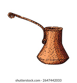 tradição cezve turca café mão desenhada. aroma espuma, maconha assada, calor cobre tradição cezve turca café vetor esboço.