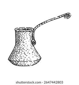 tradição cezve café turco mão desenhada. espuma aroma, maconha assada, calor cobre tradição cezve café turco esboço vetor. ilustração preta isolada