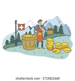 The tradition of cheese making. Cheese cooked according to tradition.
Banner for websites. Illustration of how a man cooks cheese.