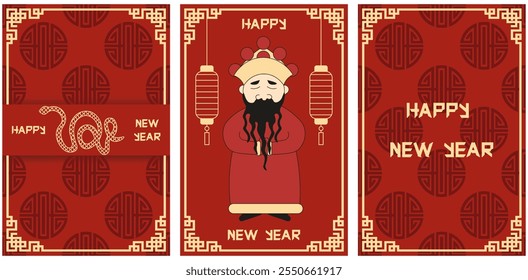 Os cartazes de saudação do Ano Novo chinês tradicional cobrem o design do modelo. Coleção de cartões de Ano Novo de estilo plano. Ilustração vetorial para mídia social. Cartão festivo com tipografia