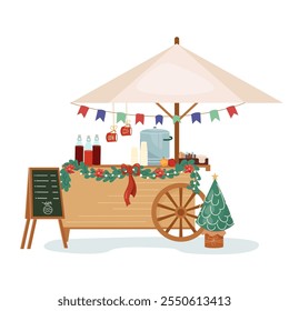 Tradition Christmas mulled wine cart decorated with fir tree branches. Festive winter stall with hot drinks. Outdoors shopping store on holiday fair marketplace. Flat vector illustration isolated