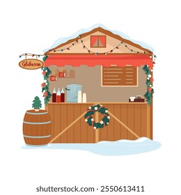 Tradition Christmas mulled wine stall decorated with wreath and garland. Festive winter wooden booth with hot drinks. Outdoors shopping store on holiday fair marketplace. Flat vector illustration