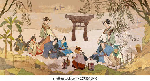 Tradición y cultura de Asia.  Japón antiguo. Oriental. Ceremonia del té. Guerrero samurai y geisha. Cuadros tradicionales. Dibujo clásico de pared. Murales y acuarela estilo asiático