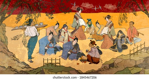 Tradición y cultura de Asia. Dibujo clásico de pared. Murales y acuarela de estilo asiático. China y Japón antiguos. Oriental. Ceremonia del té. Guerrero samurai y geisha. Cuadros tradicionales