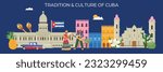 Tradition and culture of cuba horizontal flat banner with cuban landmarks flora and people on blue background vector illustration