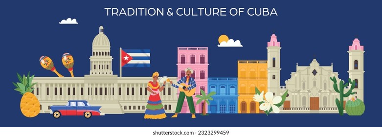 Tradición y cultura de banner plano horizontal cuba con monumentos cubanos flora y personas en fondo azul ilustración vectorial