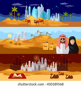 Tradition and culture in muslim countries banner dubai landscape oil industry journey to the east sheikh in desert vector illustration 