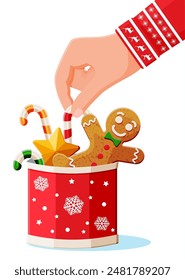 Tradition Desserts in Cup with Snowflake. Gingerbread Man, Star Cookie and Candycane. Cookie in Shape of Man with Icing. Merry Christmas Holiday. New Year Xmas Celebration. Flat vector Illustration