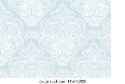 Tradition floral seamless pattern, damask vintage ornament. Royal victorian flourish wallpapper, luxury textile. Vector illustration. In blue and white colors.