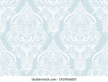 Tradition floral seamless pattern, damask vintage ornament. Royal victorian flourish wallpapper, luxury textile. Vector illustration. In blue and white colors.