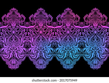 Tradition floral seamless pattern, damask vintage ornament. Royal victorian flourish wallpapper, luxury textile. Vector illustration. In neon and black colors.
