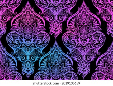 Tradition floral seamless pattern, damask vintage ornament. Royal victorian flourish wallpapper, luxury textile. Vector illustration. In neon and black colors.
