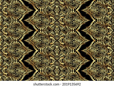 Tradition floral seamless pattern, damask vintage ornament. Royal victorian flourish wallpapper, luxury textile. Vector illustration. In gold and black colors.
