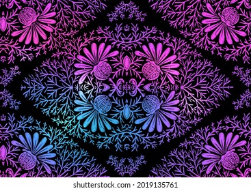 Tradition floral seamless pattern, damask vintage ornament. Royal victorian flourish wallpapper, luxury textile. Embroidery imitation in neon, fluorescent colors. Vector illustration.