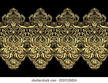 Tradition floral seamless pattern, damask vintage ornament. Royal victorian flourish wallpapper, luxury textile. Vector illustration. In gold and black colors.