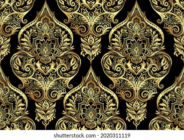 Tradition floral seamless pattern, damask vintage ornament. Royal victorian flourish wallpapper, luxury textile. Vector illustration. In gold and black colors.