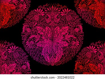 Tradition floral seamless pattern, damask vintage ornament. Royal victorian flourish wallpapper, luxury textile. Embroidery imitation in neon, fluorescent colors. Vector illustration.