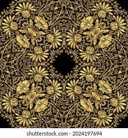 Tradition floral seamless pattern, damask vintage ornament. Royal victorian flourish wallpapper, luxury textile. Embroidery imitation in gold and black. Vector illustration.