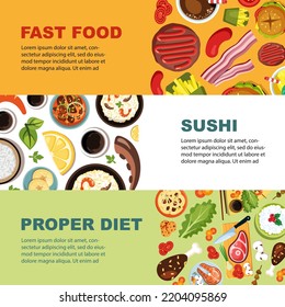 tradition food banners. mexican and asian cousine products top view illustrations. Vector templates with place for text