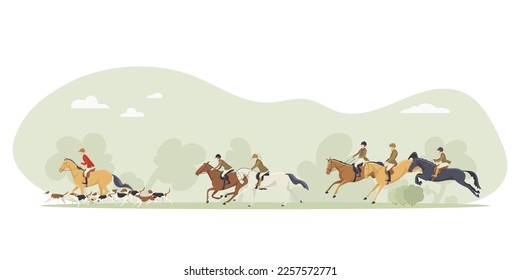 Tradition fox hunting with horse riders english style on landscape